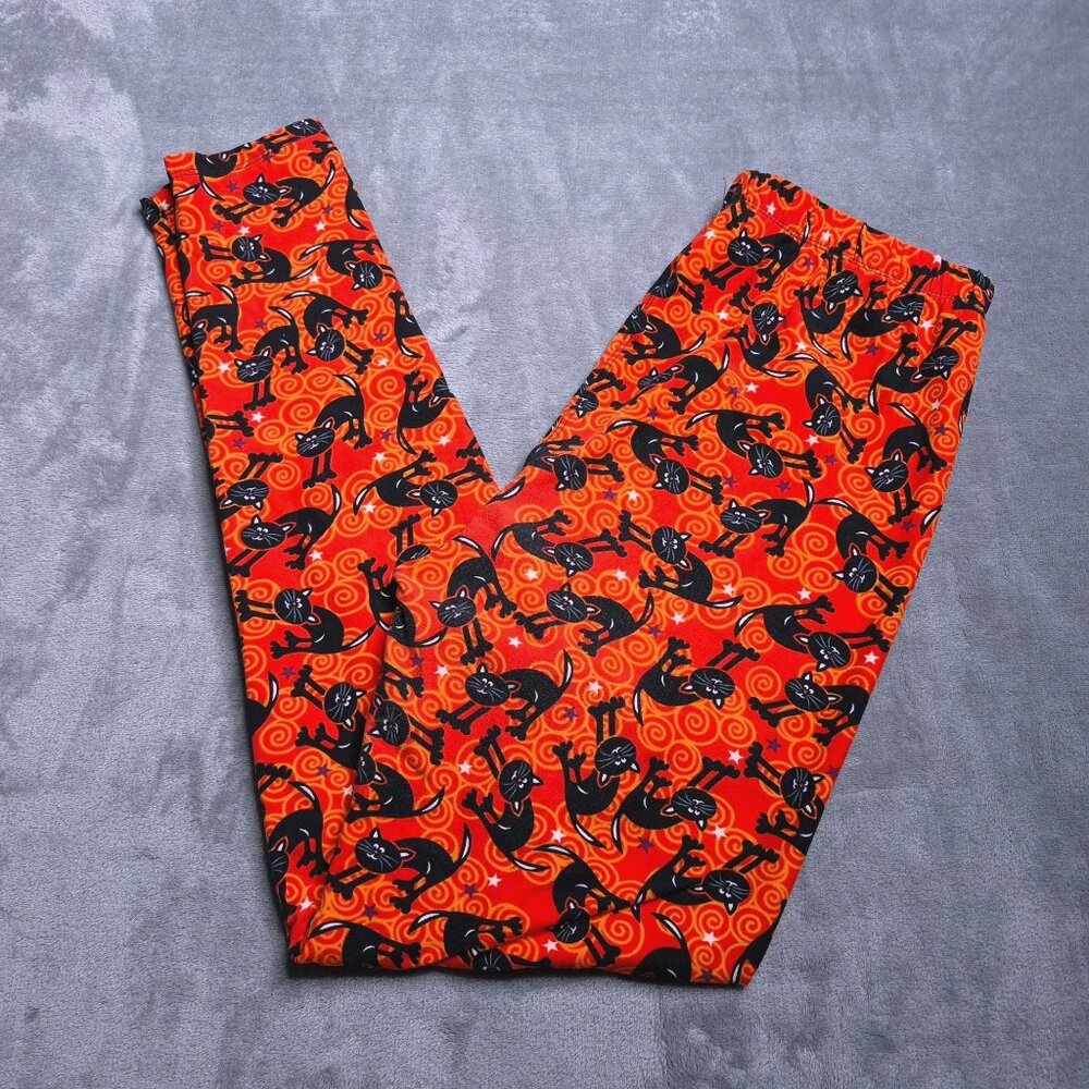 Halloween Black Cat Print Leggings Womens Plus OS Fits 12-18 Buttery Soft Stretc